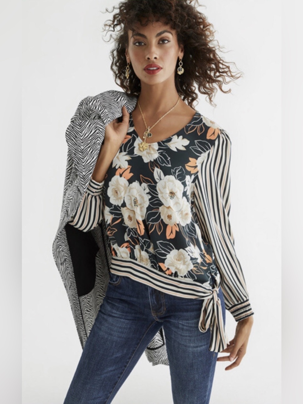 Cabi Polyester Top, Sz. M, Black/Orange/Cream Flowers & Stripes, Tie @ Waistband